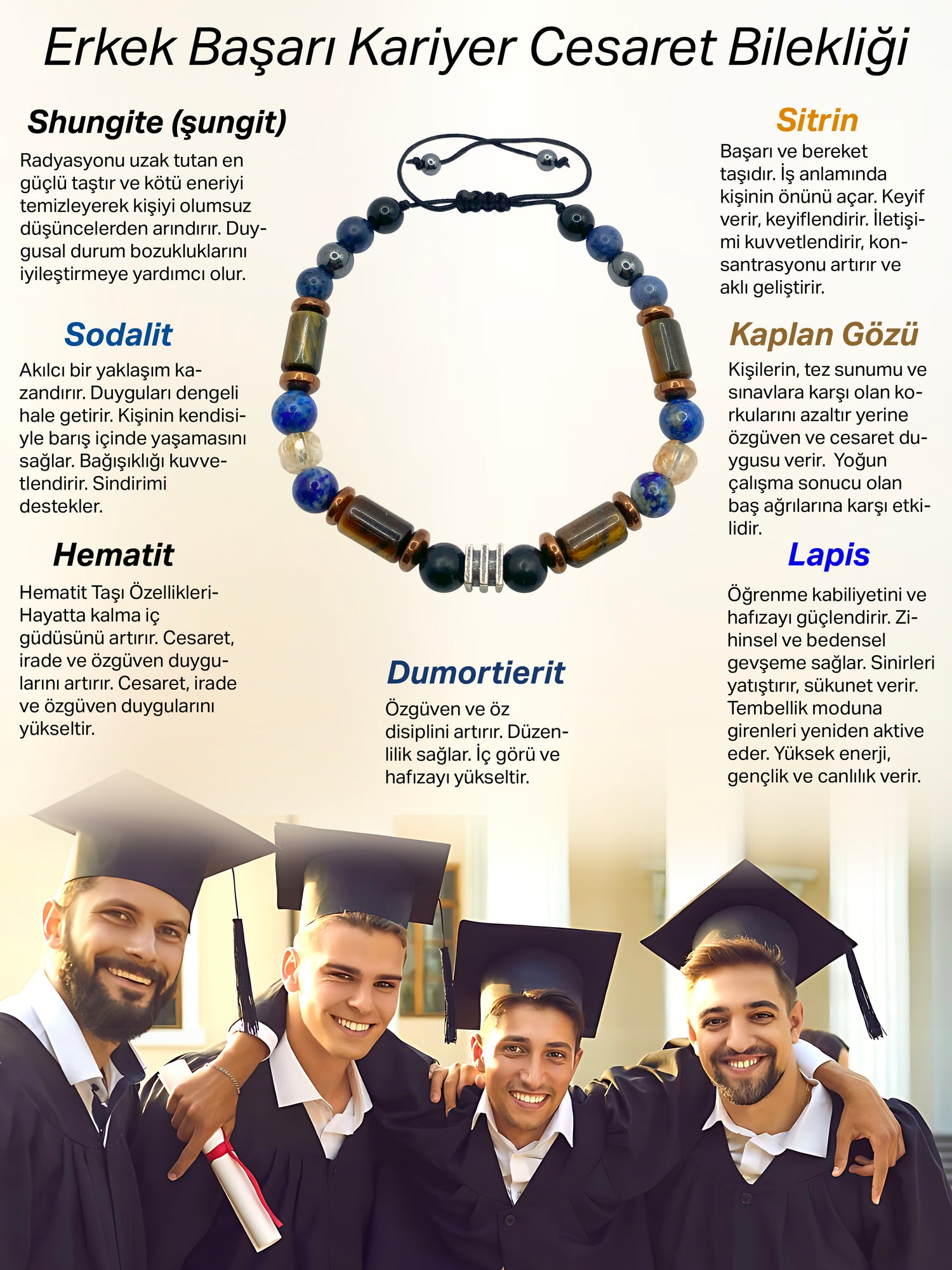 Erkek Başarı Kariyer Cesaret Bilekliği Shungite (Şungit) - Sodalit - Hematit - Lapis - Dumortierit - Kaplan Gözü - Sitrin