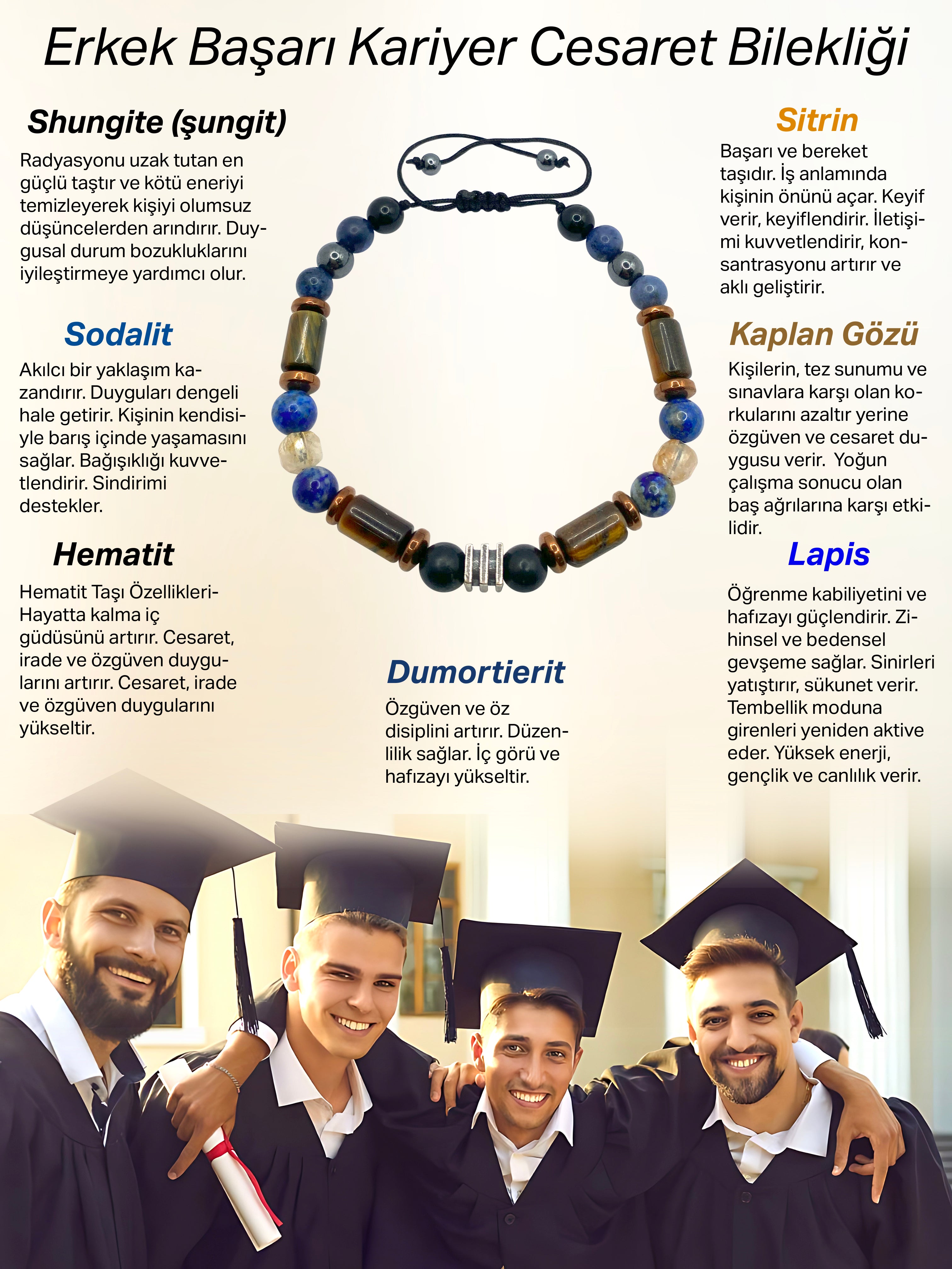 Erkek Başarı Kariyer Cesaret Bilekliği Shungite (Şungit) - Sodalit - Hematit - Lapis - Dumortierit - Kaplan Gözü - Sitrin