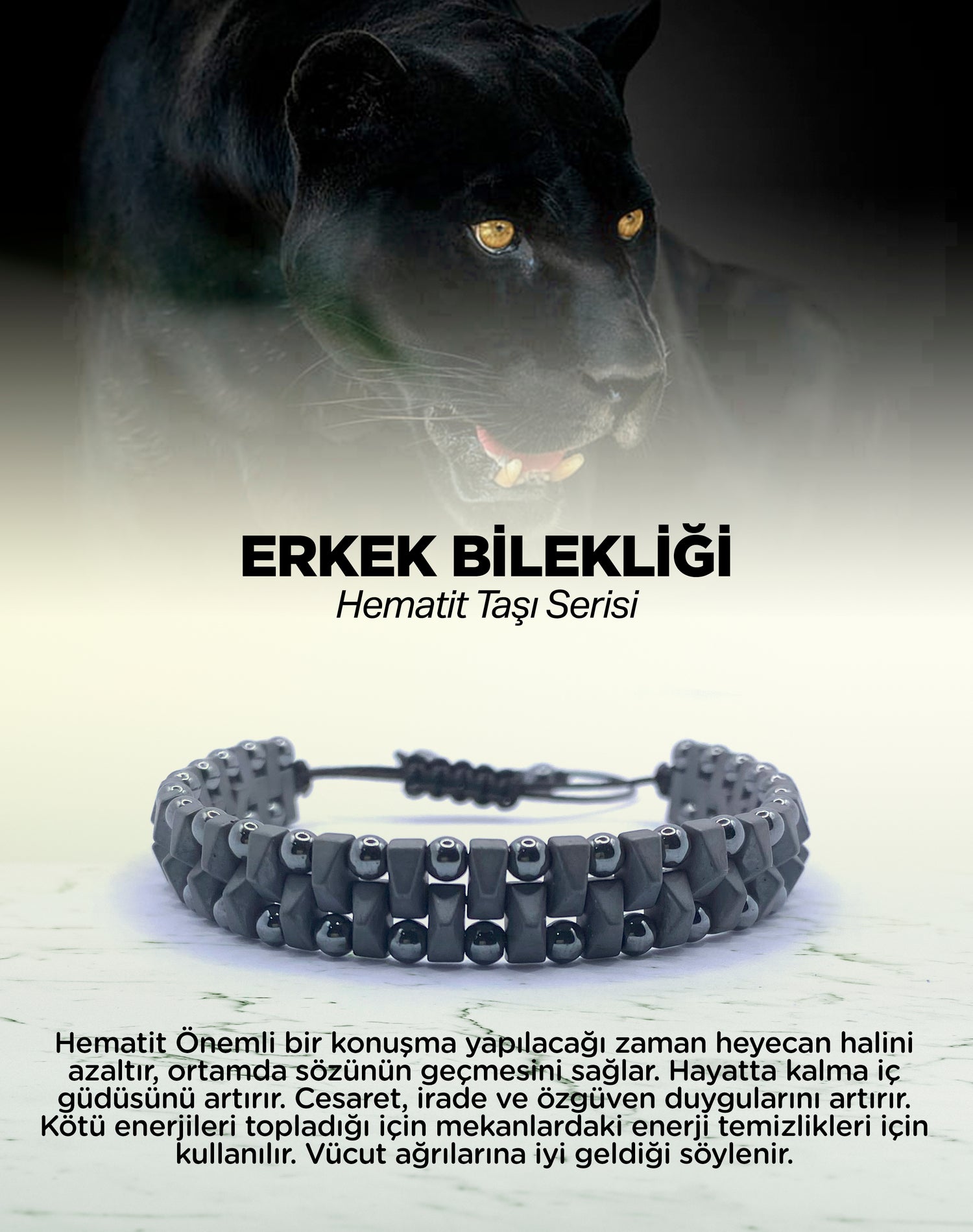 Erkek Bilekliği Hematit Doğal Taş Kalın Mat Model Orijinal Hakiki Sertifikalı Bileklik