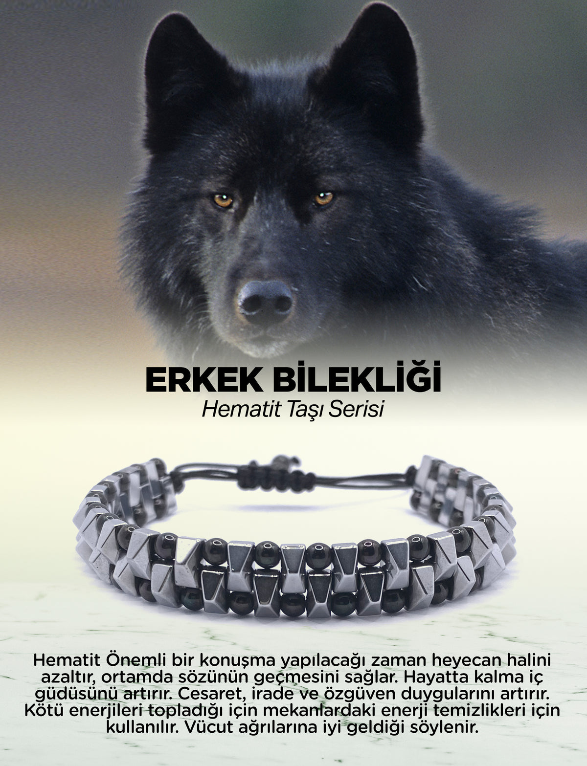 Erkek Bilekliği Hematit Doğal Taş Kalın Parlak Model Orijinal Hakiki Sertifikalı Bileklik