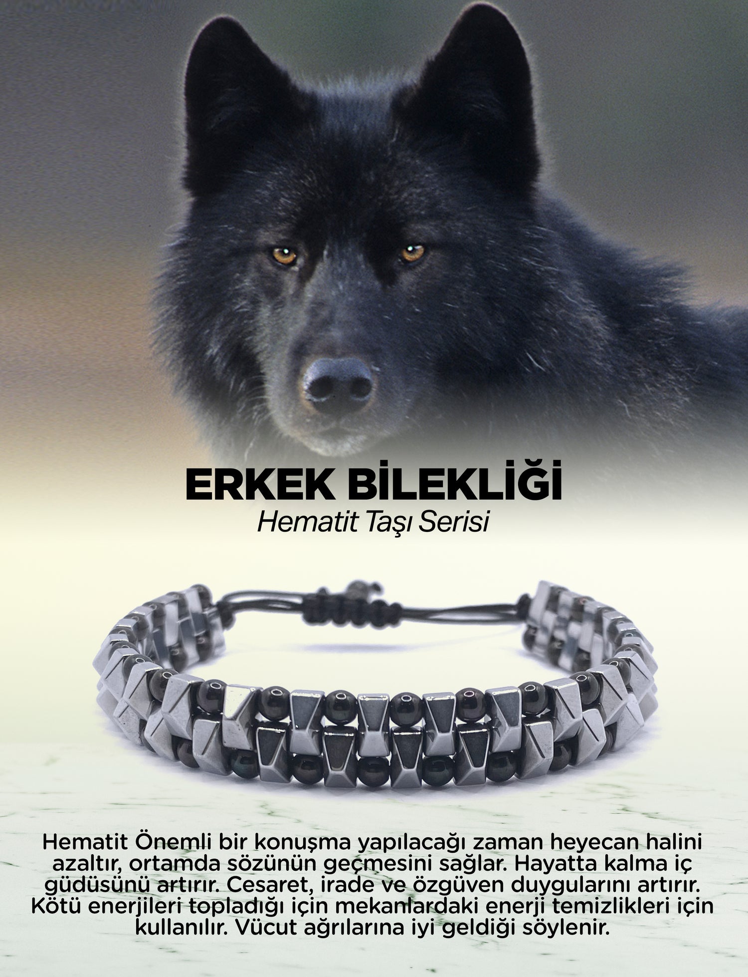 Erkek Bilekliği Hematit Doğal Taş Kalın Parlak Model Orijinal Hakiki Sertifikalı Bileklik