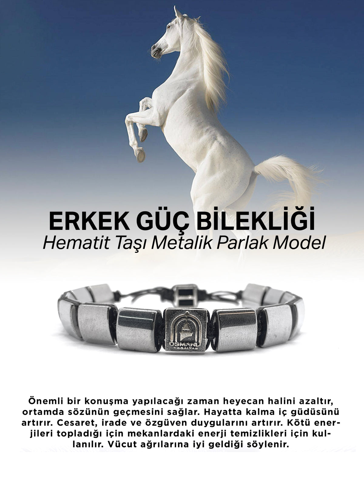 Erkek Bilekliği Hematit Gümüş Kaplama Doğal Taş Parlak Model Orijinal Hakiki Sertifikalı Bileklik