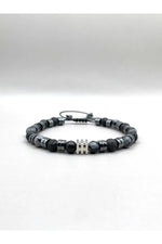 Erkek Bilekliği Karlı Obsidyen - Hematit - Lav Taşı Doğal Taş Hakiki Orijinal Sertifikalı Bileklik