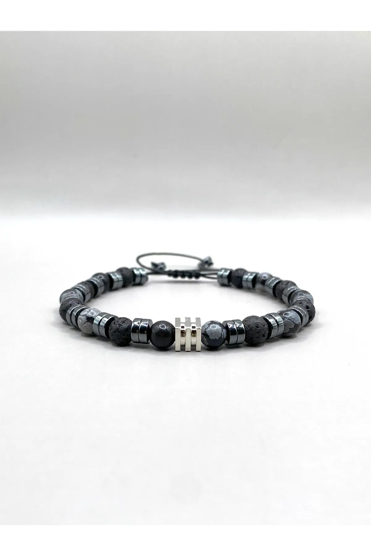 Erkek Bilekliği Karlı Obsidyen - Hematit - Lav Taşı Doğal Taş Hakiki Orijinal Sertifikalı Bileklik