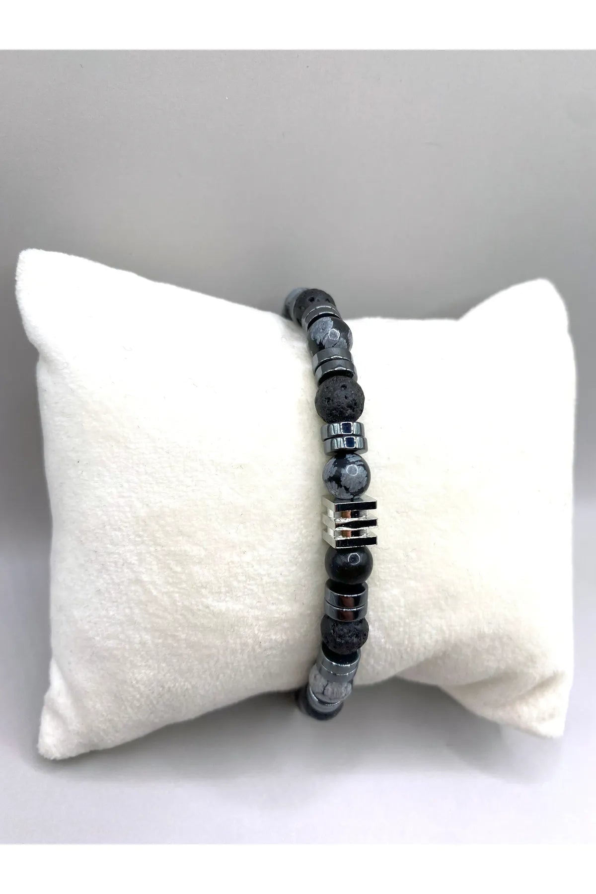 Erkek Bilekliği Karlı Obsidyen - Hematit - Lav Taşı Doğal Taş Hakiki Orijinal Sertifikalı Bileklik