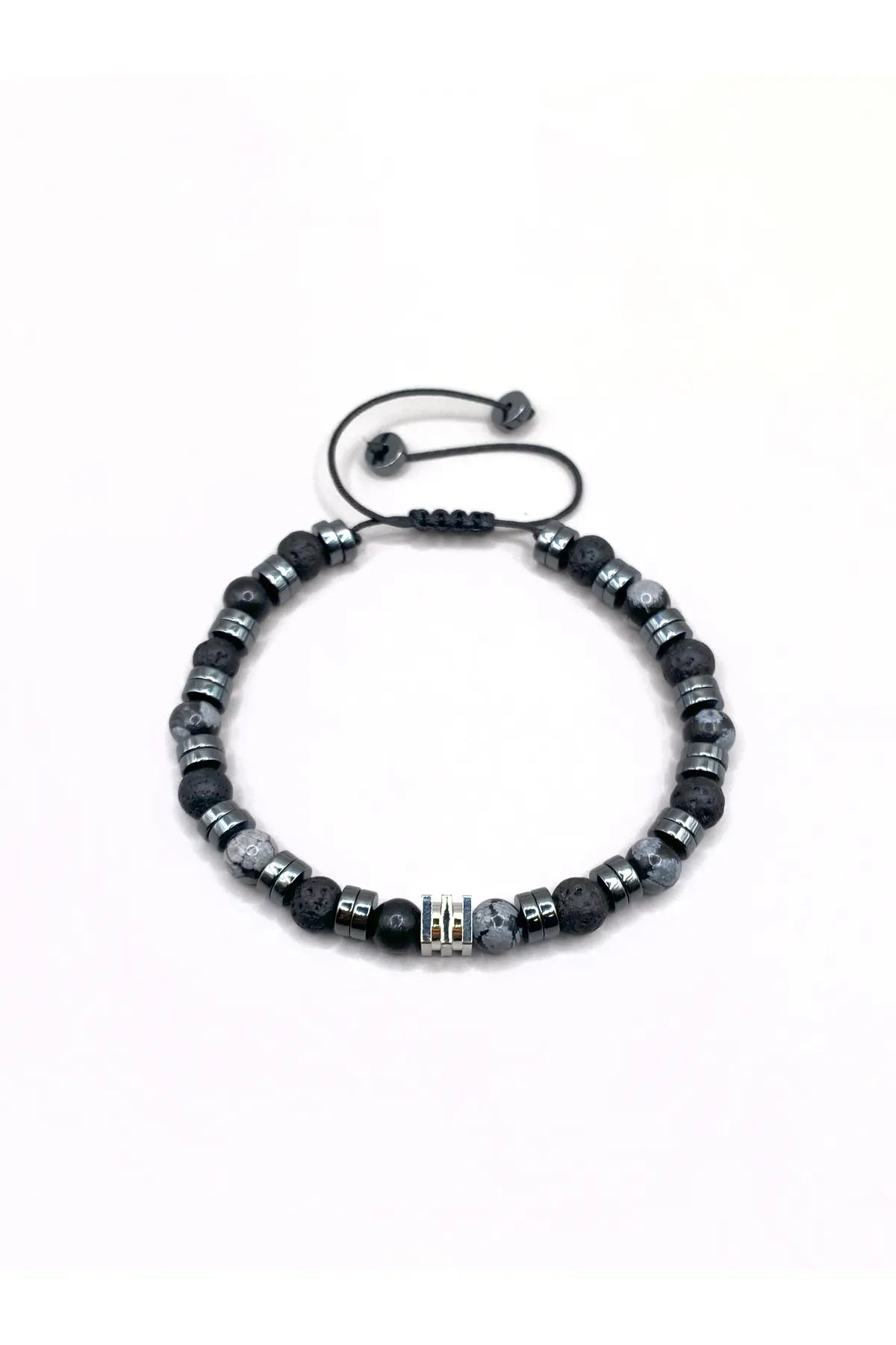 Erkek Bilekliği Karlı Obsidyen - Hematit - Lav Taşı Doğal Taş Hakiki Orijinal Sertifikalı Bileklik