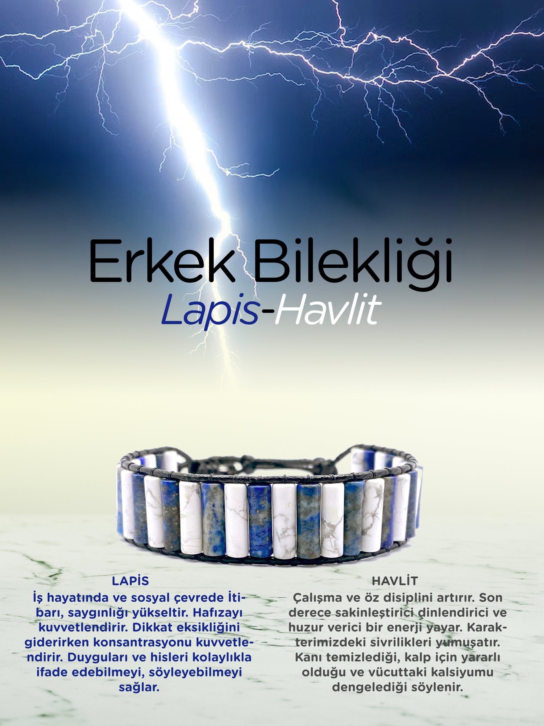 Erkek Bilekliği Lapis-Havlit Doğal Taş Hakiki Orijinal Sertifikalı Bileklik