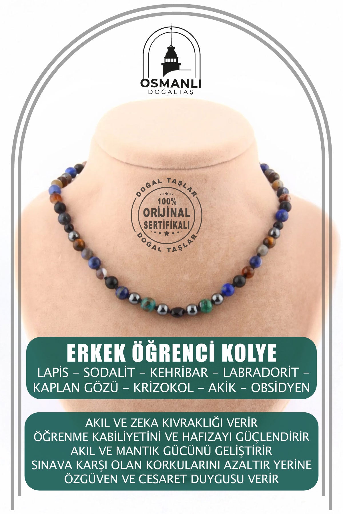 Erkek Öğrenci Kolye- Lapis, Sodalit, Kehribar, Labradorit, Kaplan Gözü, Krizokol, Akik, Obsidyen