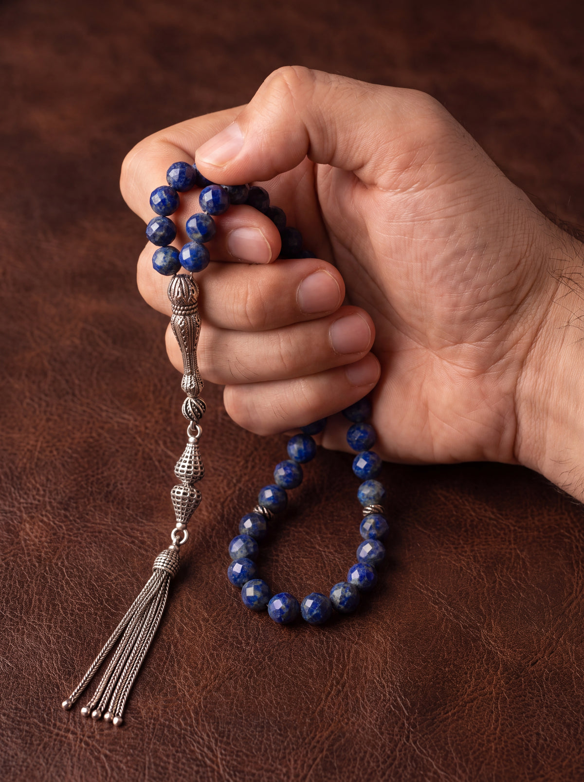 Lapis Lazuli Doğal Taş 925 Ayar Gümüş Püsküllü Tesbih 8 mm Faset Kesim