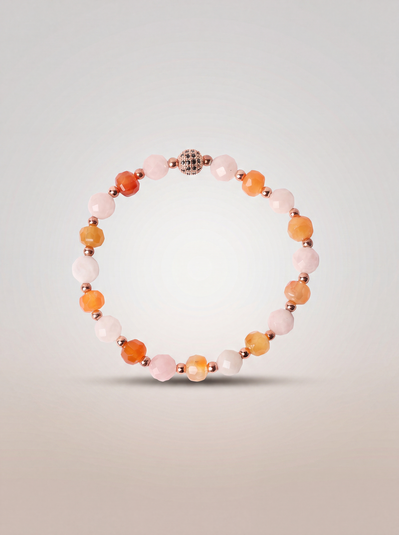 Pembe Kuvars - Karnelyan Akik - Zirkon Aparatlı Doğal Taş Bileklik (8 mm)