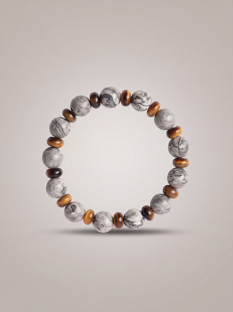 Gri Jasper - Kaplan Gözü Doğal Taş Bileklik (10 mm)