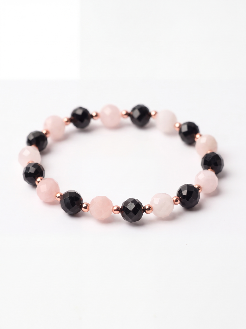 Pembe Kuvars - Turmalin Doğal Taş Bileklik Faset Kesim 8 mm