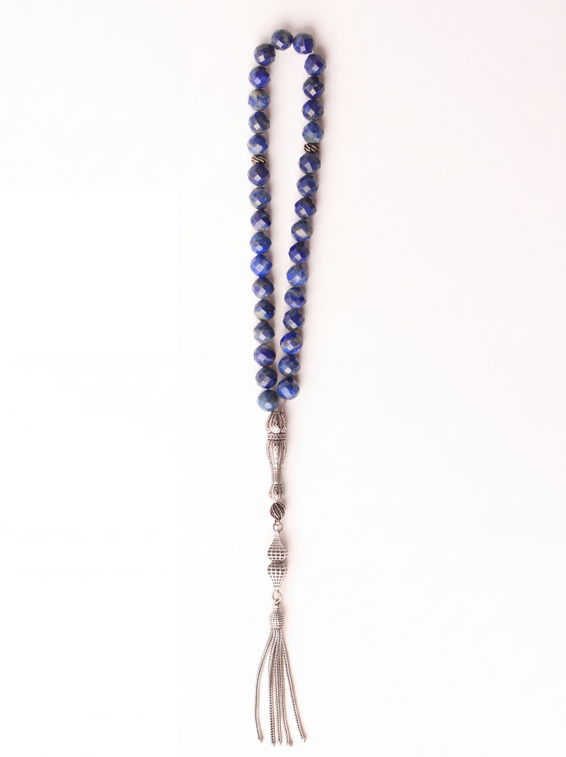Lapis Lazuli Doğal Taş 925 Ayar Gümüş Püsküllü Tesbih 8 mm Faset Kesim