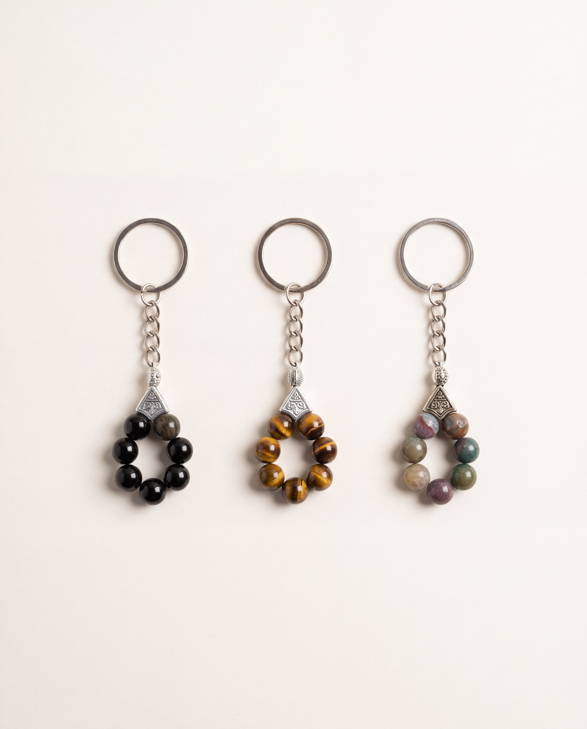 Hint Akik - Golden Obsidyen - Kaplan Gözü Doğal Taş Anahtarlık 3' lü Set