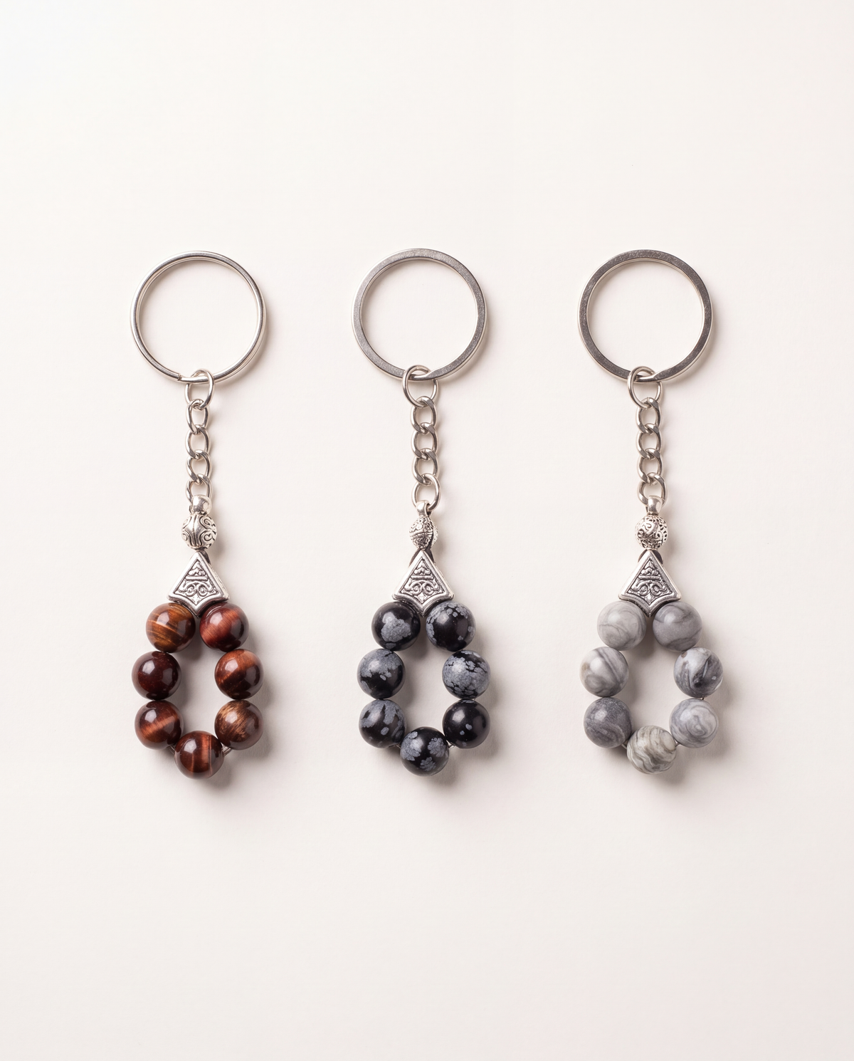 Karlı Obsidyen - Jasper - Kırmızı Kaplan Gözü Doğal Taş Anahtarlık 3' lü Set