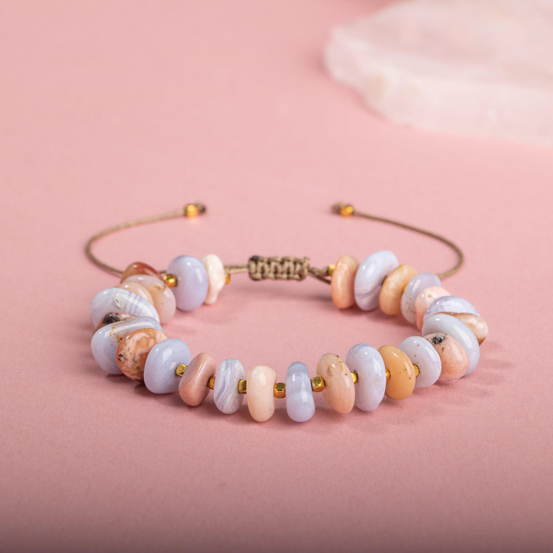 Pembe Opal-Mavi Akik Altın Kaplama Doğal Taş Bileklik