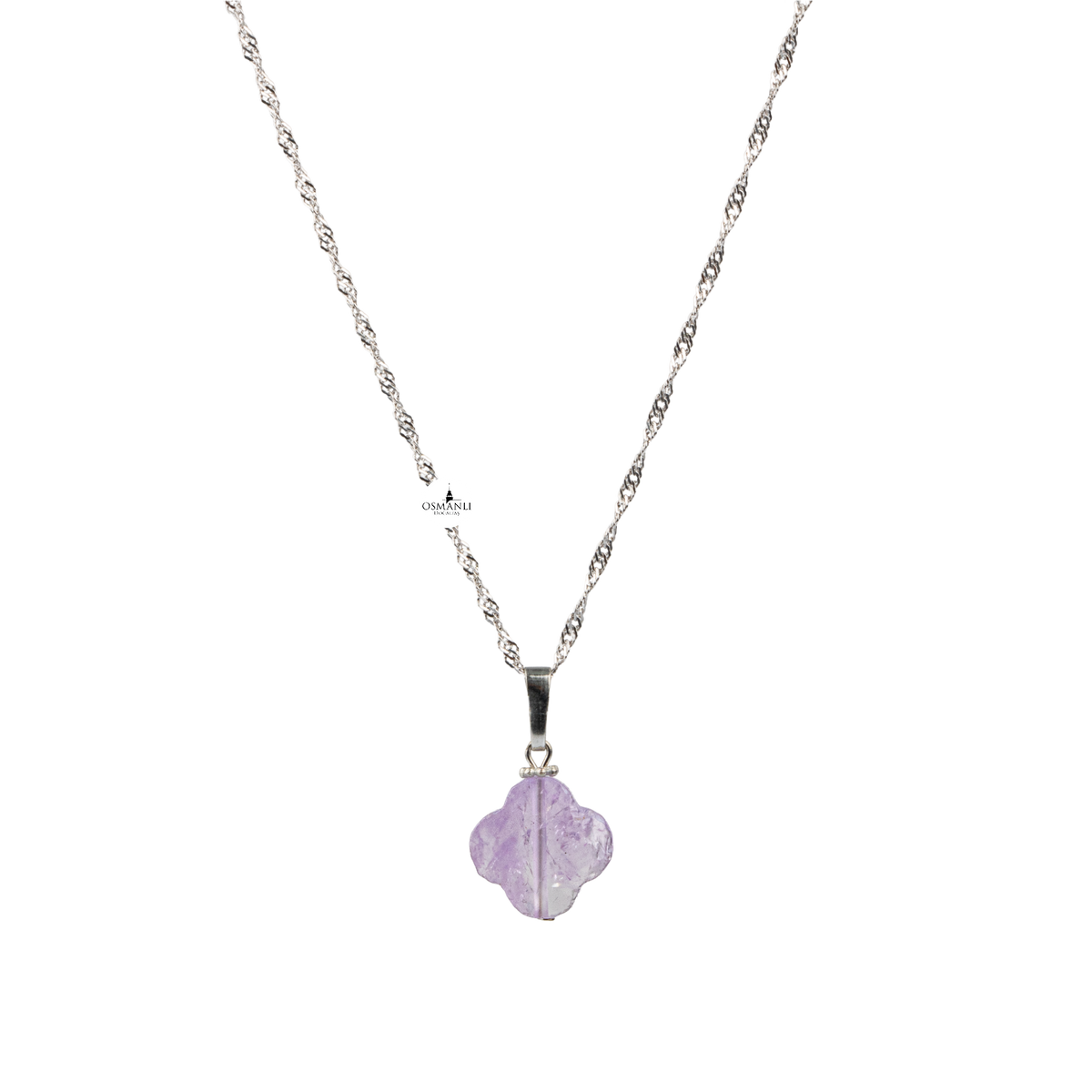 Ametist Doğal Taş Gümüş Zincir Yonca Kolye