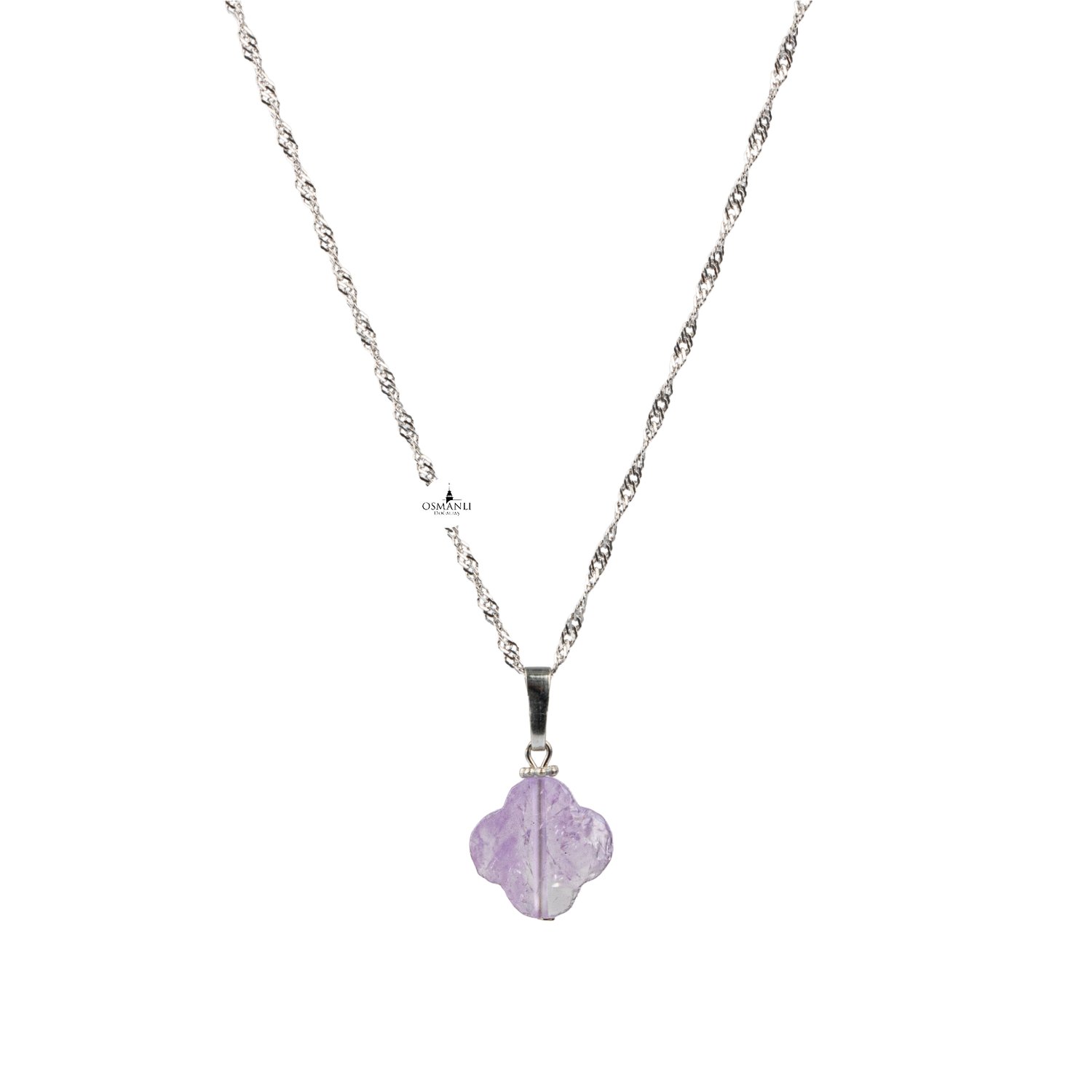 Ametist Doğal Taş Gümüş Zincir Yonca Kolye