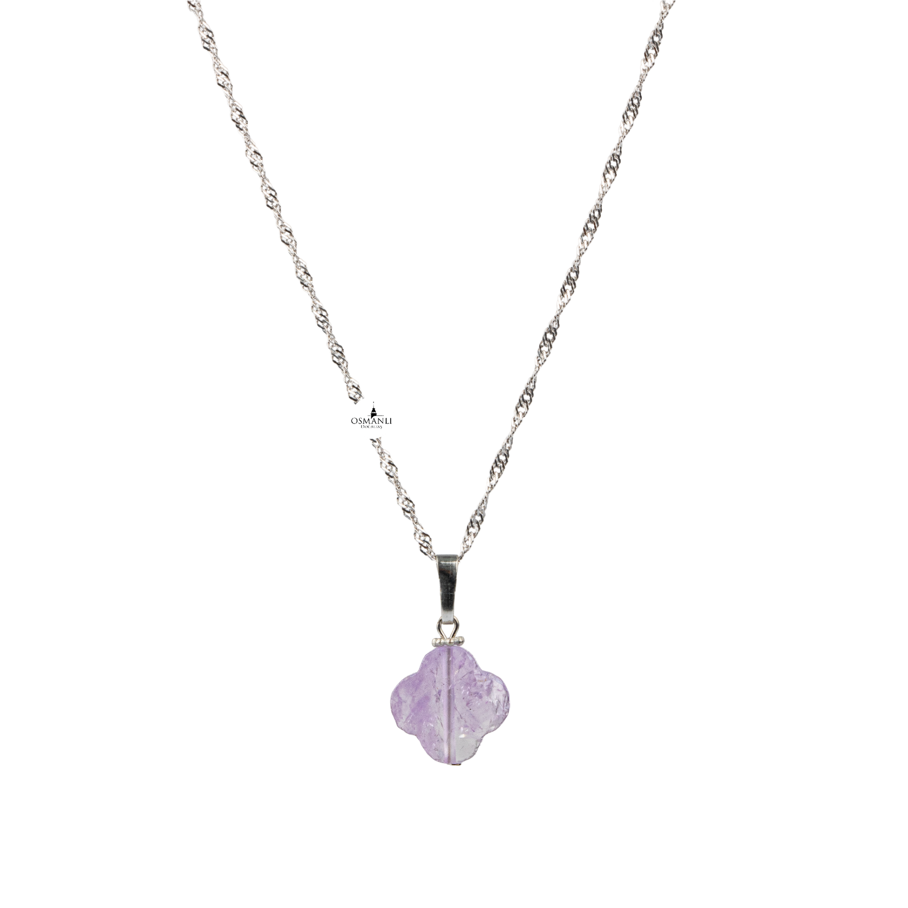 Ametist Doğal Taş Gümüş Zincir Yonca Kolye