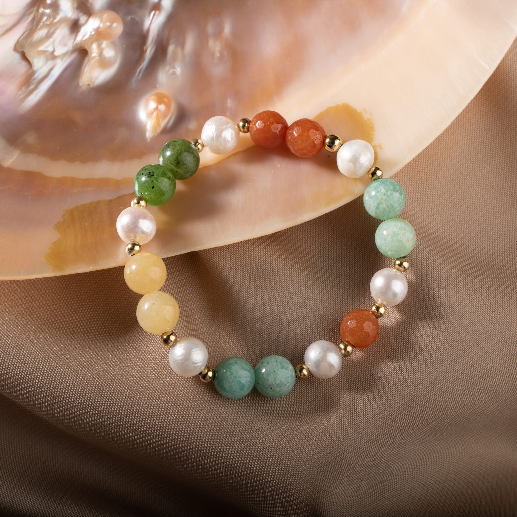 İnci-Turuncu Aventurin-Amazonit-Yeşim-Kalsit Doğal Taş Gümüş Bileklik
