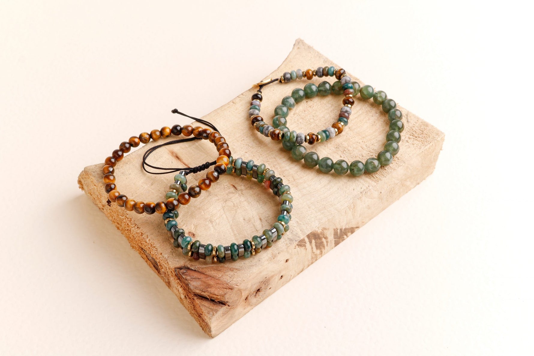 Hematit-Kan Taşı-Yeşil Apatit-Gri Jasper-Kaplan Gözü Erkek Doğal Taş Bileklik Seti