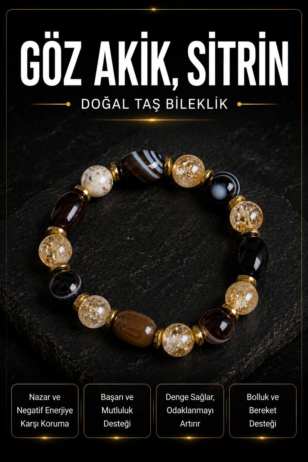 Sertifikalı Göz Akik ve Sitrin Doğal Taş Bileklik