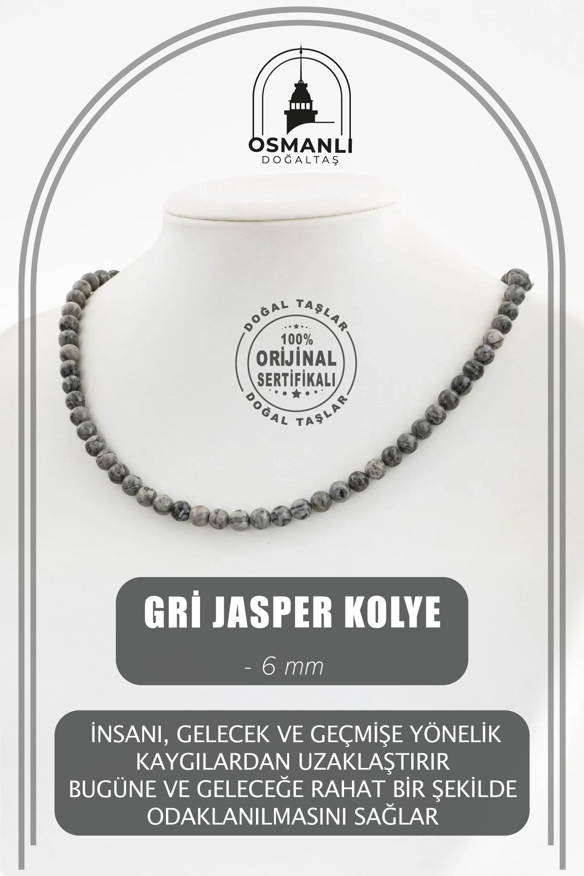 Gri Jasper 6 mm Dizi Doğal Taş Kolye