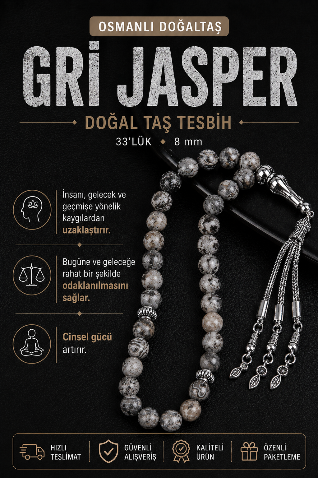 Gri Jasper Doğal Taş Tesbih 33lük - 8mm