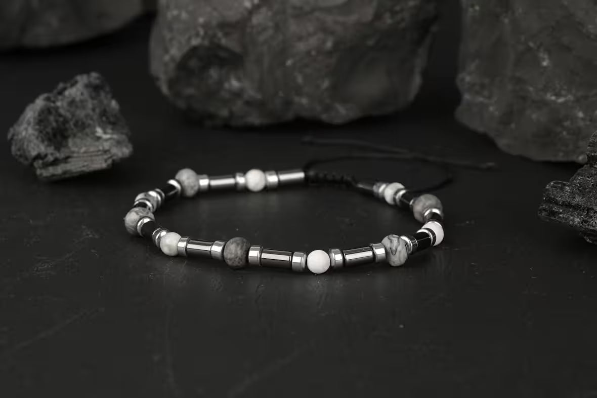Gri Jasper-Hematit-Havlit Doğal Taş Bileklik