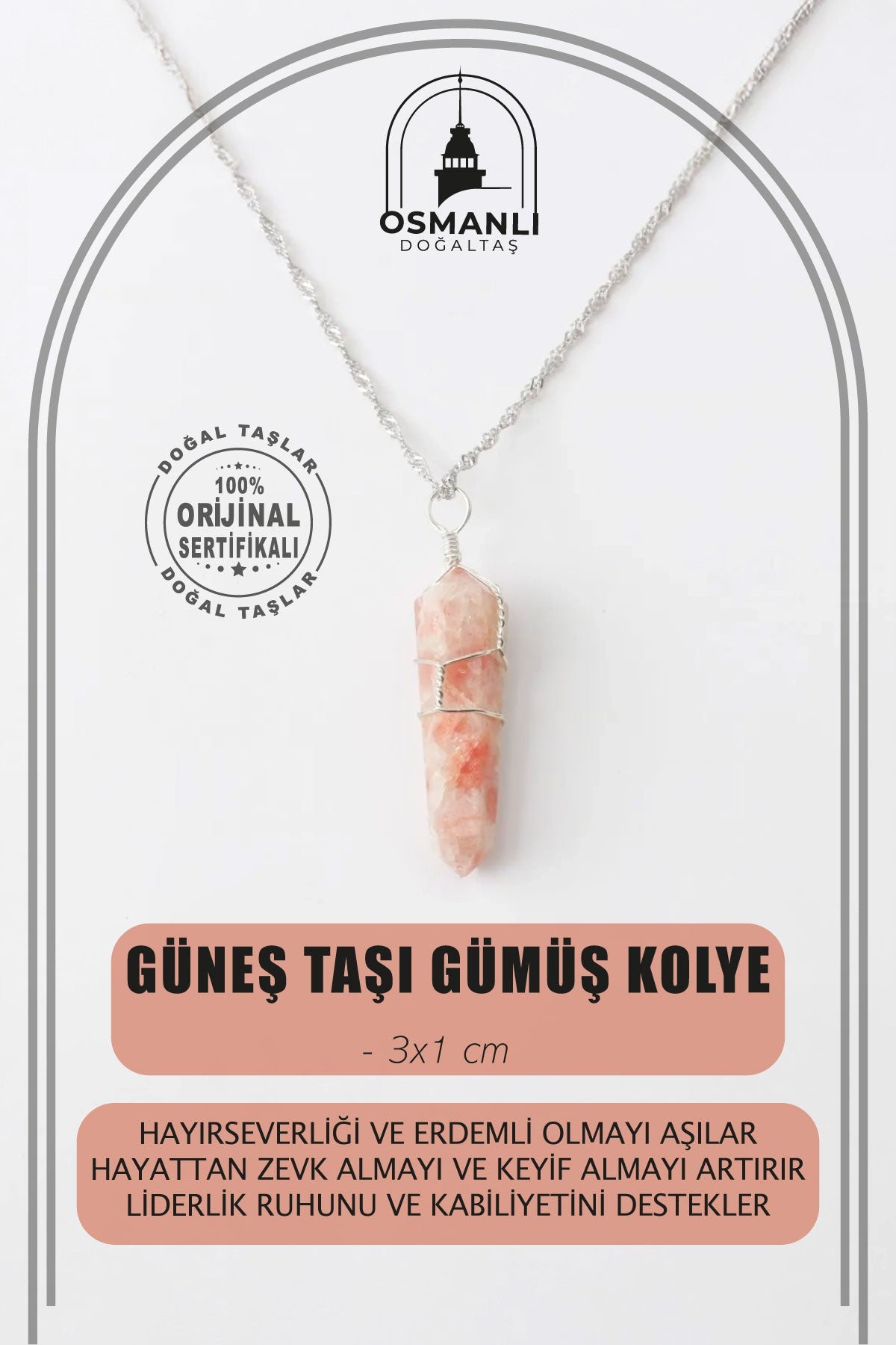 Güneş Taşı Doğal Taş Kolye Ucu 3x1 cm, Gümüş Zincir