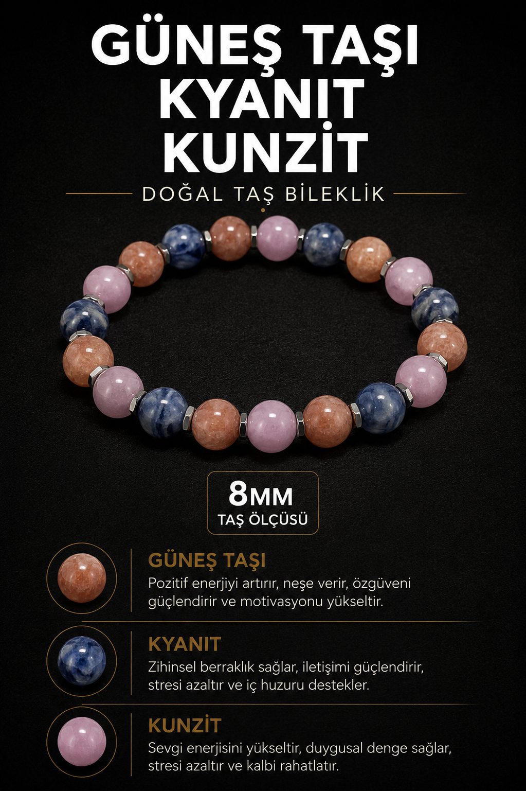 Güneş Taşı Kyanit Kunzit Doğal Taş Bileklik 8 mm | Osmanlı Doğal Taş
