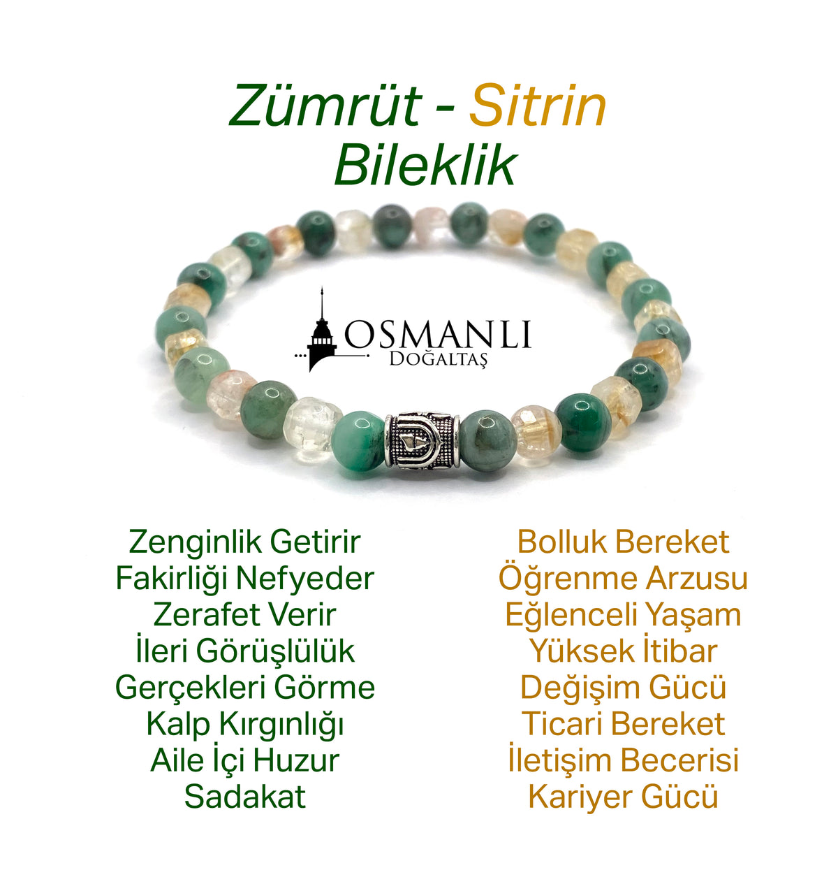 Hakiki Doğal Sertifikalı Zümrüt - Sitrin Doğal Taş Gümüş Aparatlı Misinalı Bileklik Fasetli 6mm