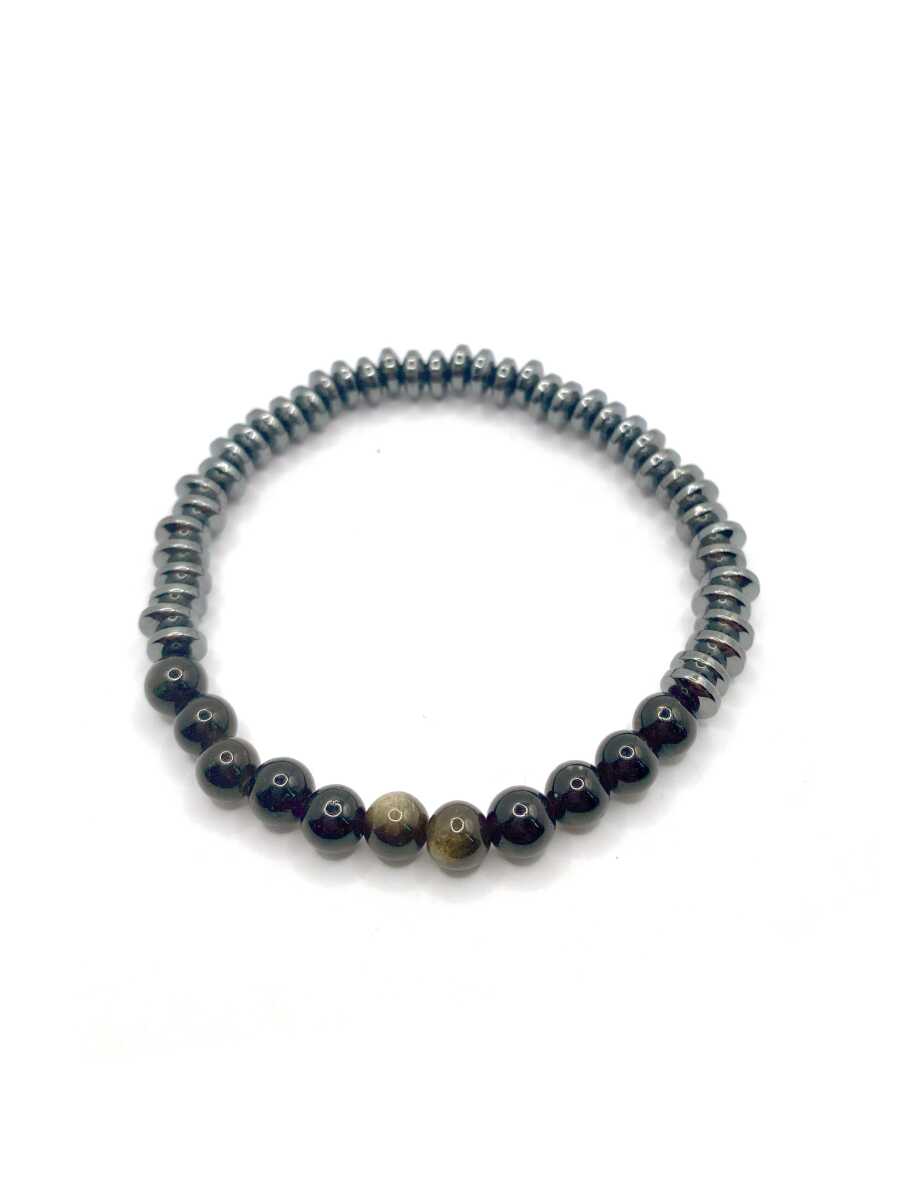 Hakiki Orijinal Sertifikalı 6mm Obsidyen - Hematit Doğal Taş Misinalı Bileklik