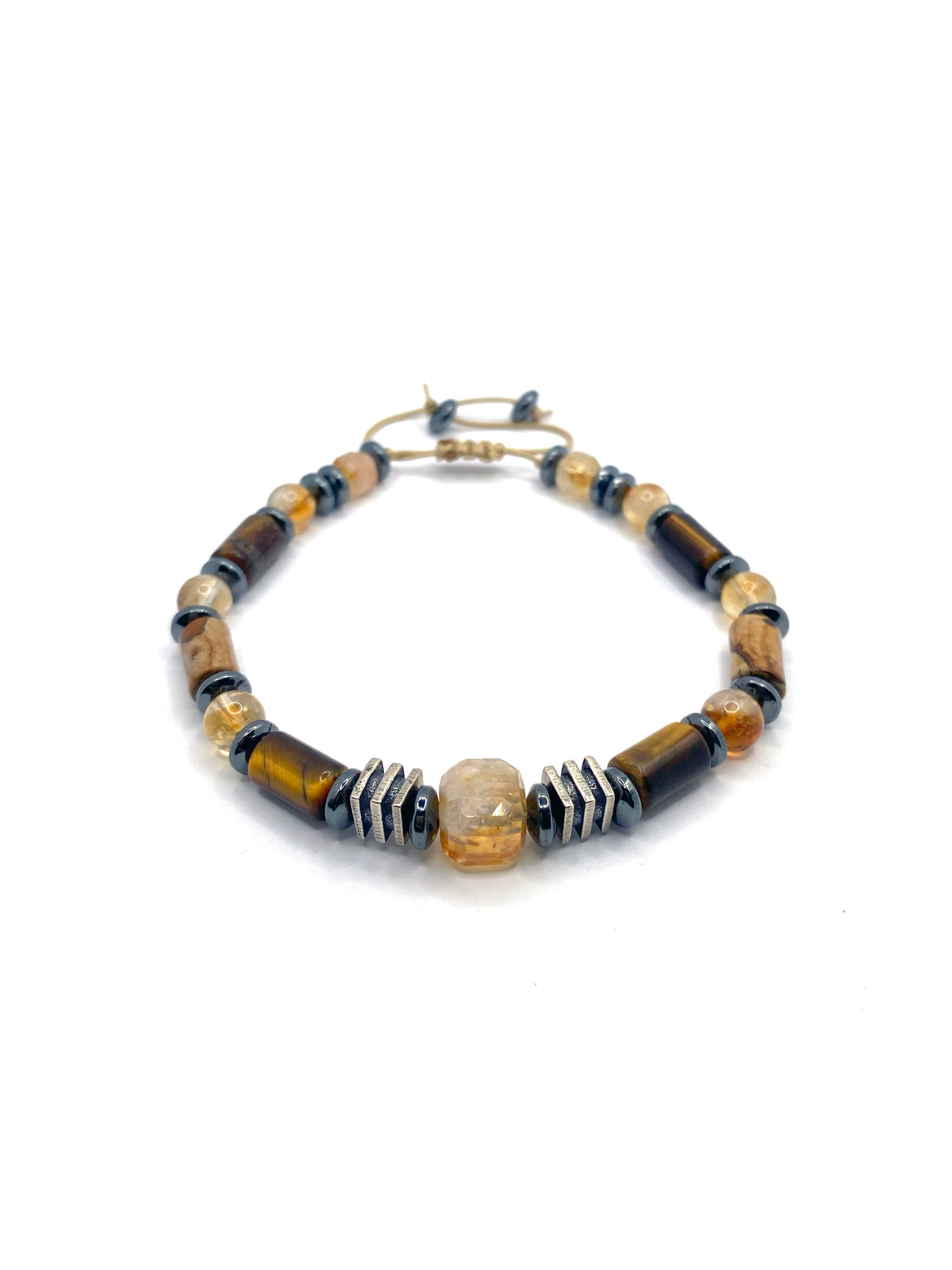 Hakiki Orijinal Sertifikalı Kaplan Gözü - Jasper - 6mm Sitrin - Hematit İpli Ayarlanabilir Doğal Taş Bileklik