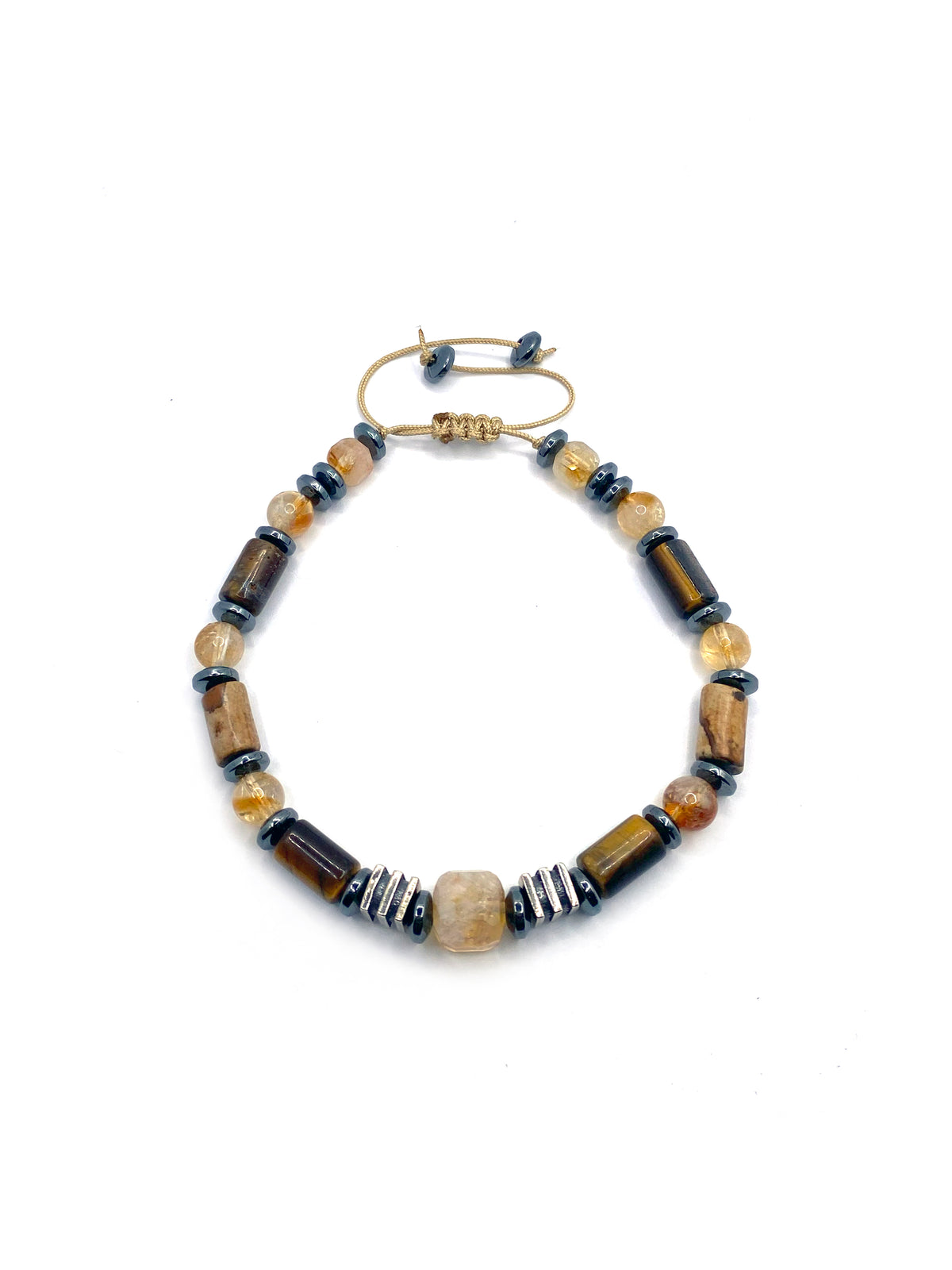 Hakiki Orijinal Sertifikalı Kaplan Gözü - Jasper - 6mm Sitrin - Hematit İpli Ayarlanabilir Doğal Taş Bileklik