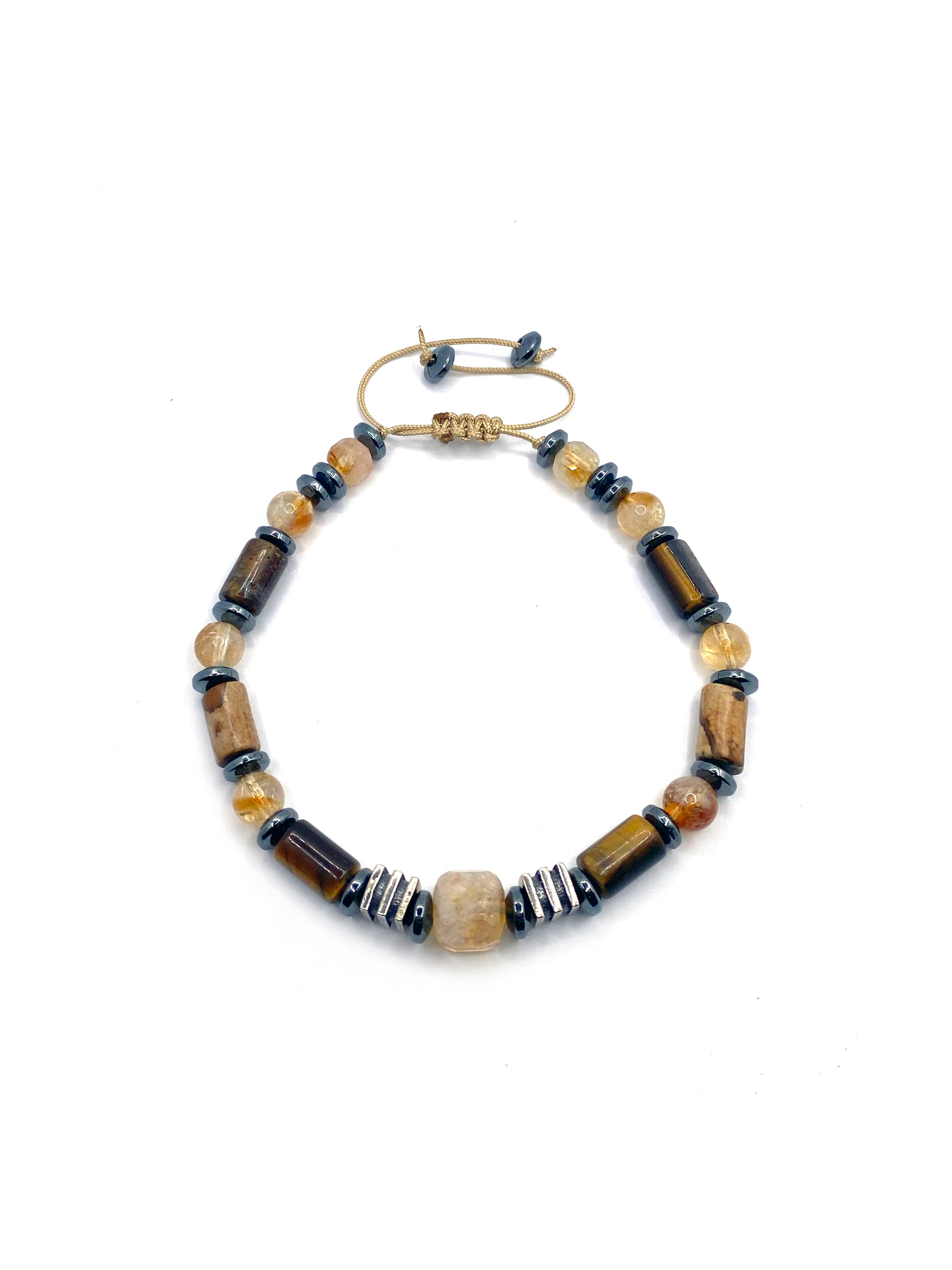 Hakiki Orijinal Sertifikalı Kaplan Gözü - Jasper - 6mm Sitrin - Hematit İpli Ayarlanabilir Doğal Taş Bileklik