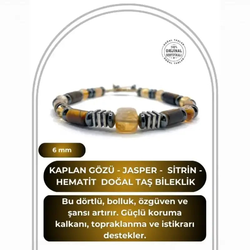 Hakiki Orijinal Sertifikalı Kaplan Gözü - Jasper - 6mm Sitrin - Hematit İpli Ayarlanabilir Doğal Taş Bileklik