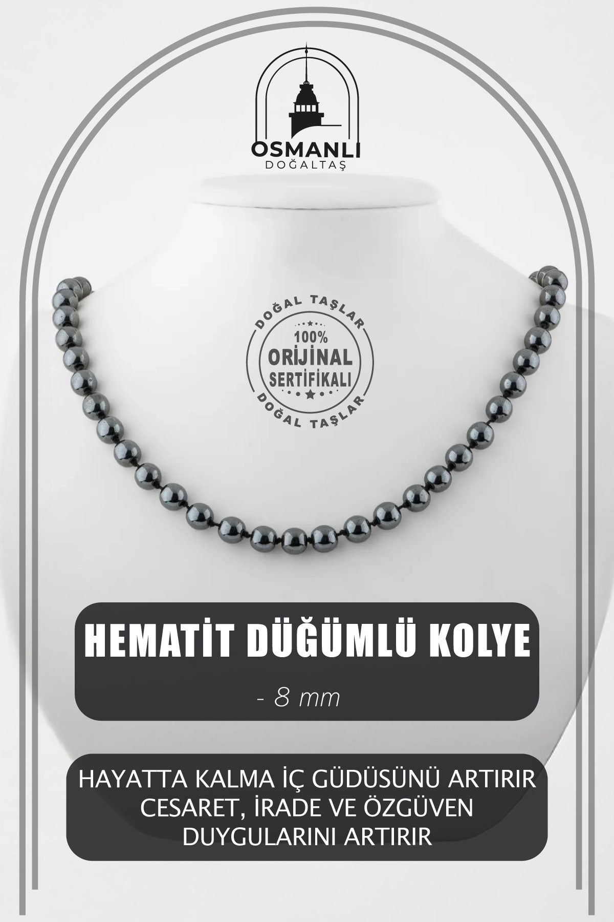 Hematit 8 mm Düğümlü Doğal Taş Kolye