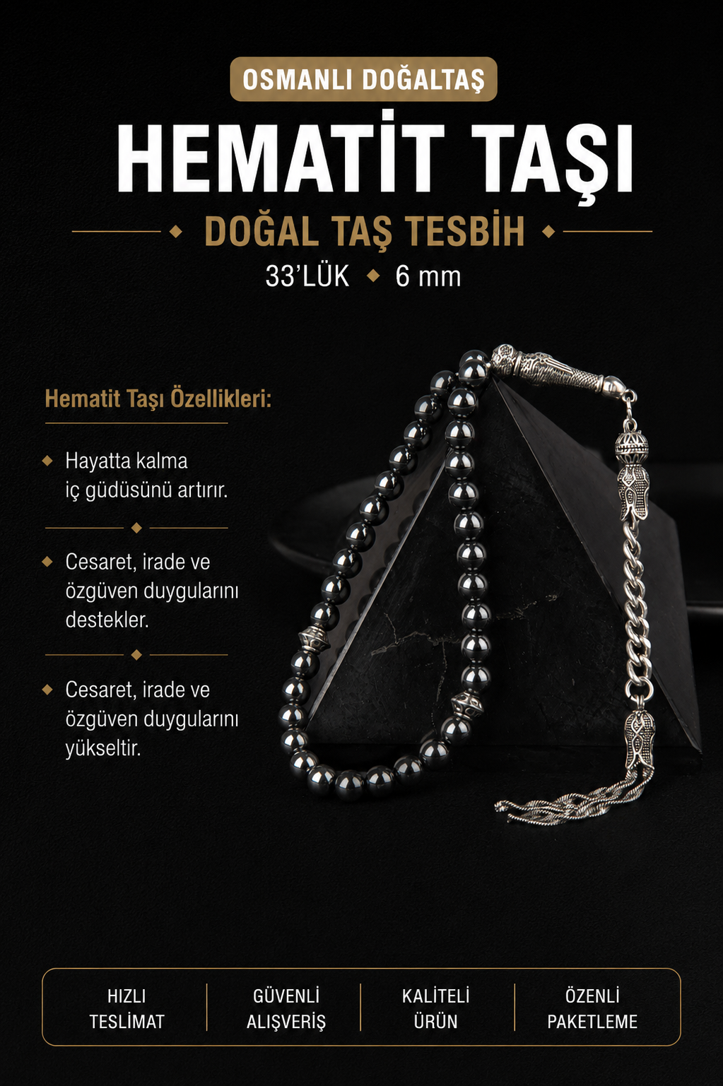 Hematit Doğal Taş Tesbih 33lük - 6mm