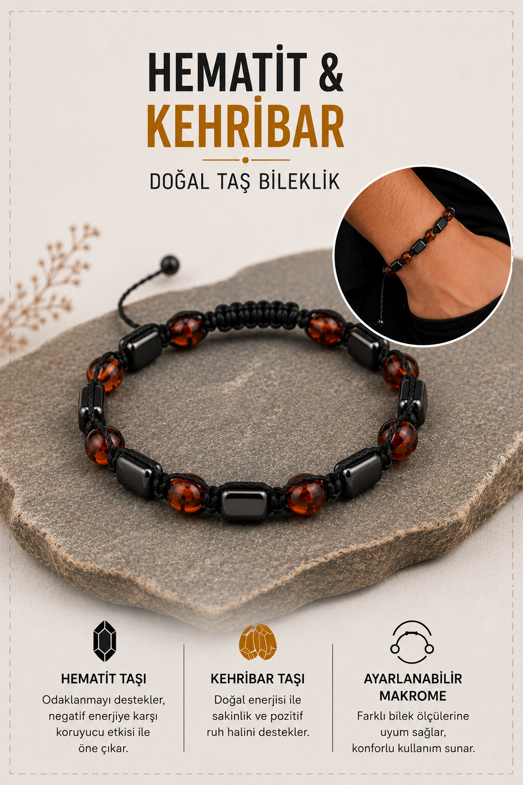 Hematit & Kehribar Doğal Taş Bileklik 2