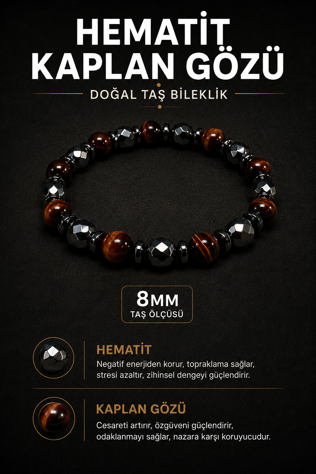 Faset Kesim Hematit Kaplan Gözü Doğal Taş Bileklik 8 mm | Osmanlı Doğal Taş