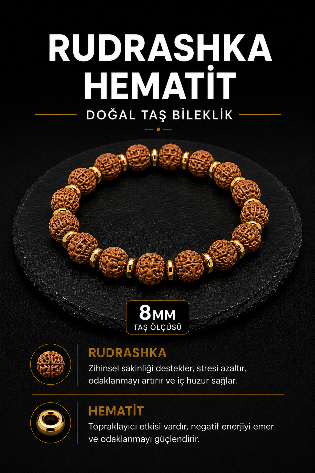 Rudrashka Hematit Doğal Taş Bileklik 8 mm | Osmanlı Doğal Taş