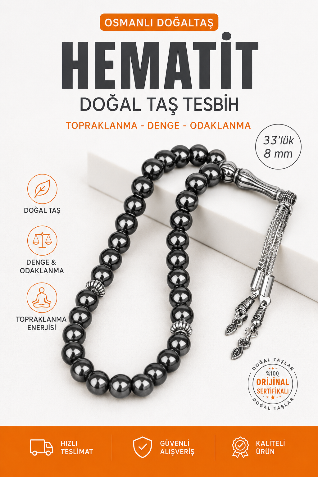 Hematit Doğal Taş Tesbih 33lük - 8mm