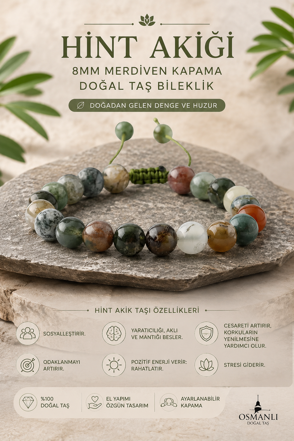 Hint Akiği 8mm Merdiven Kapama Doğal Taş Bileklik
