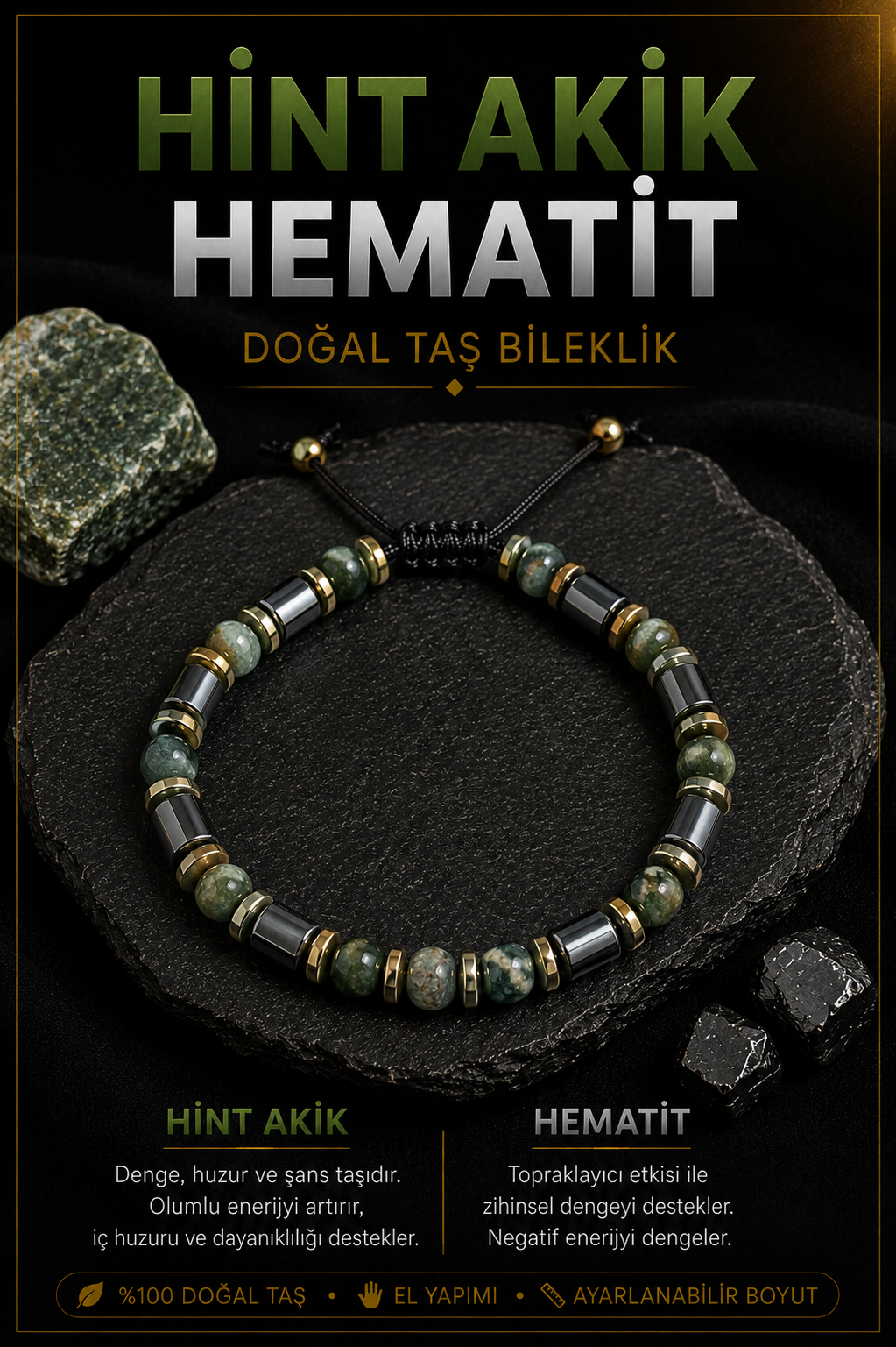 Hint Akik ve Hematit Doğal Taş Bileklik