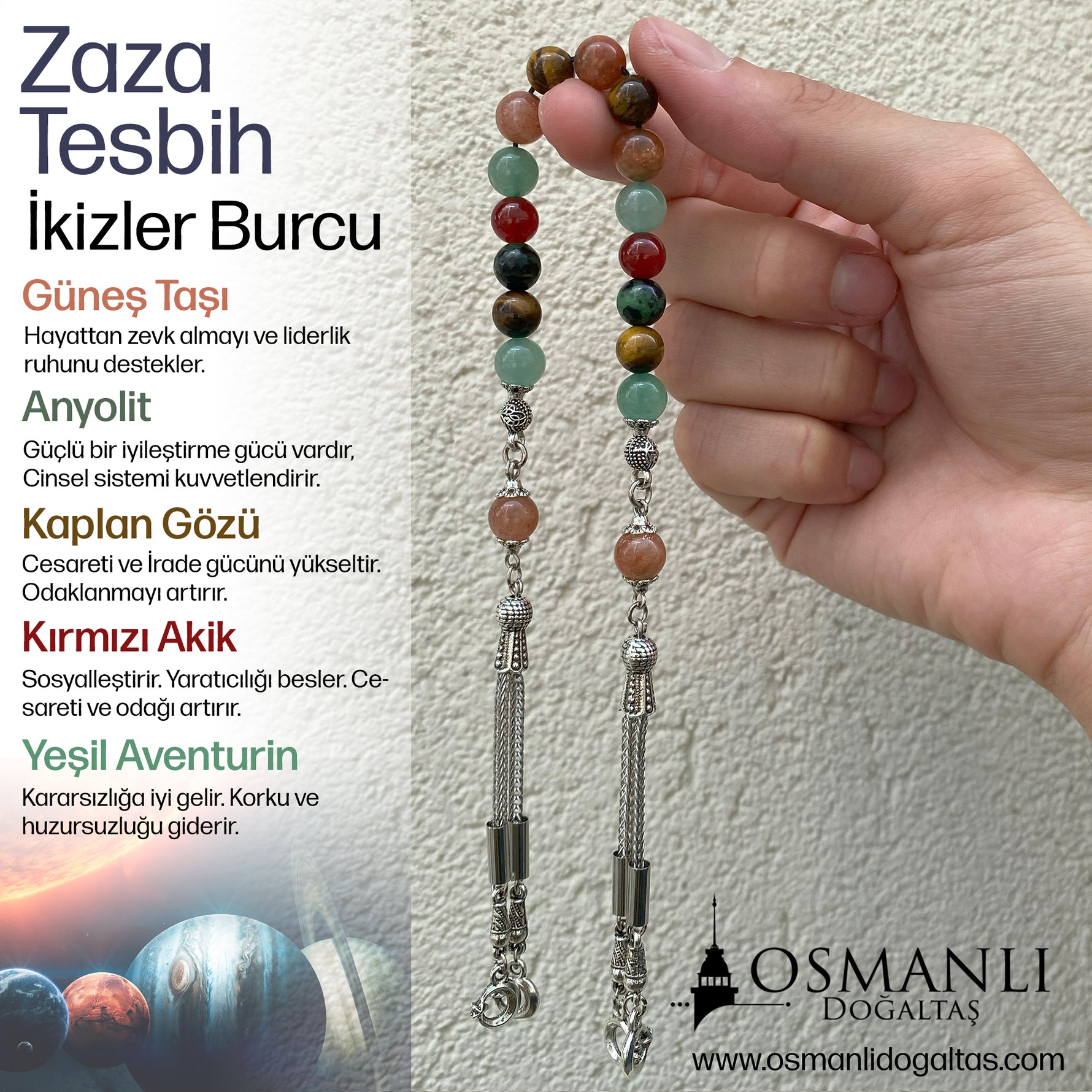İkizler Burcu Zaza Tesbih Anyolit, Güneş Taşı, Kaplan Gözü, Kırmızı Akik, Yeşil Aventurin