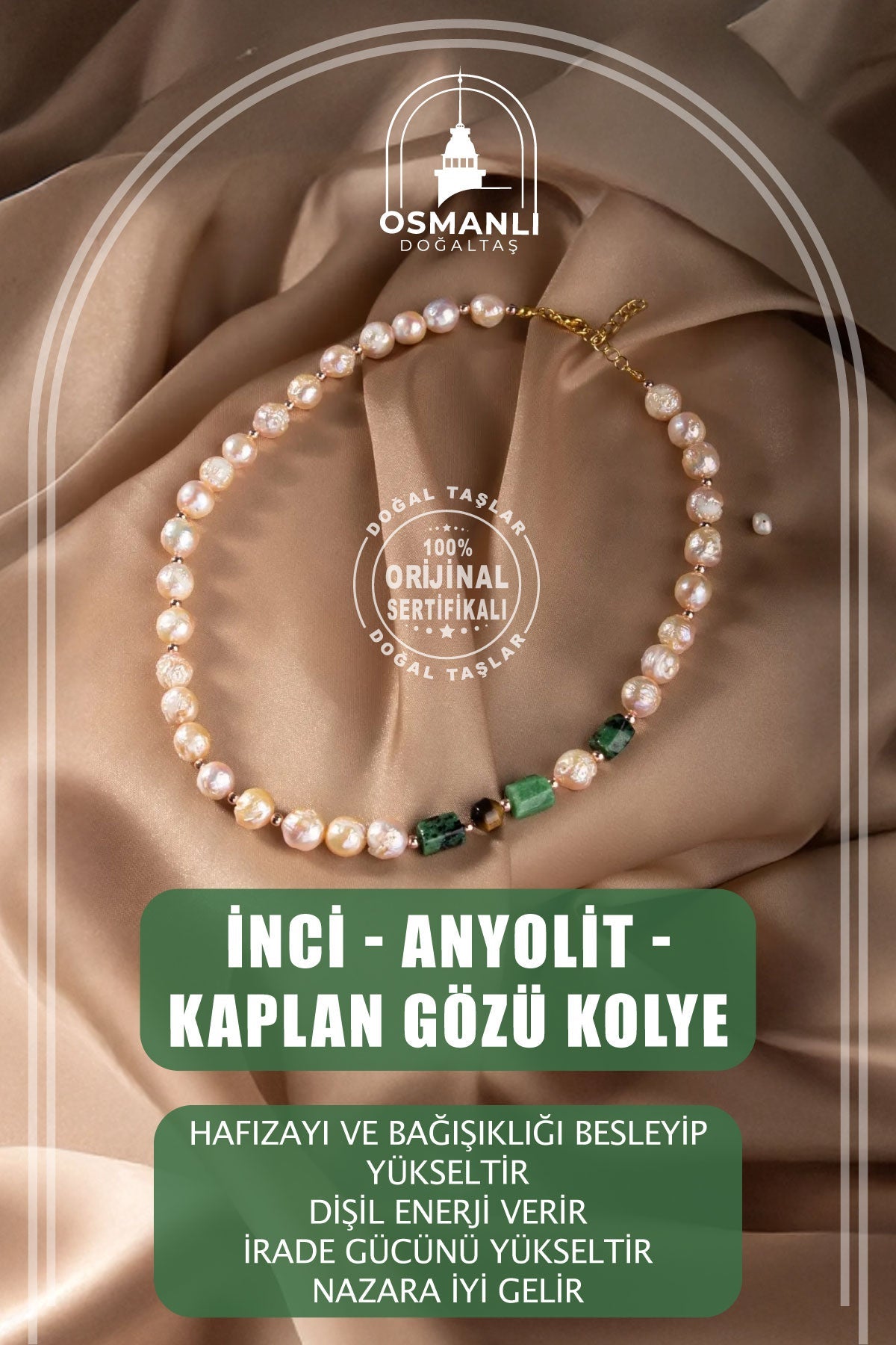 İnci-Anyolit-Kaplan Gözü Doğal Taş Gümüş Kolye