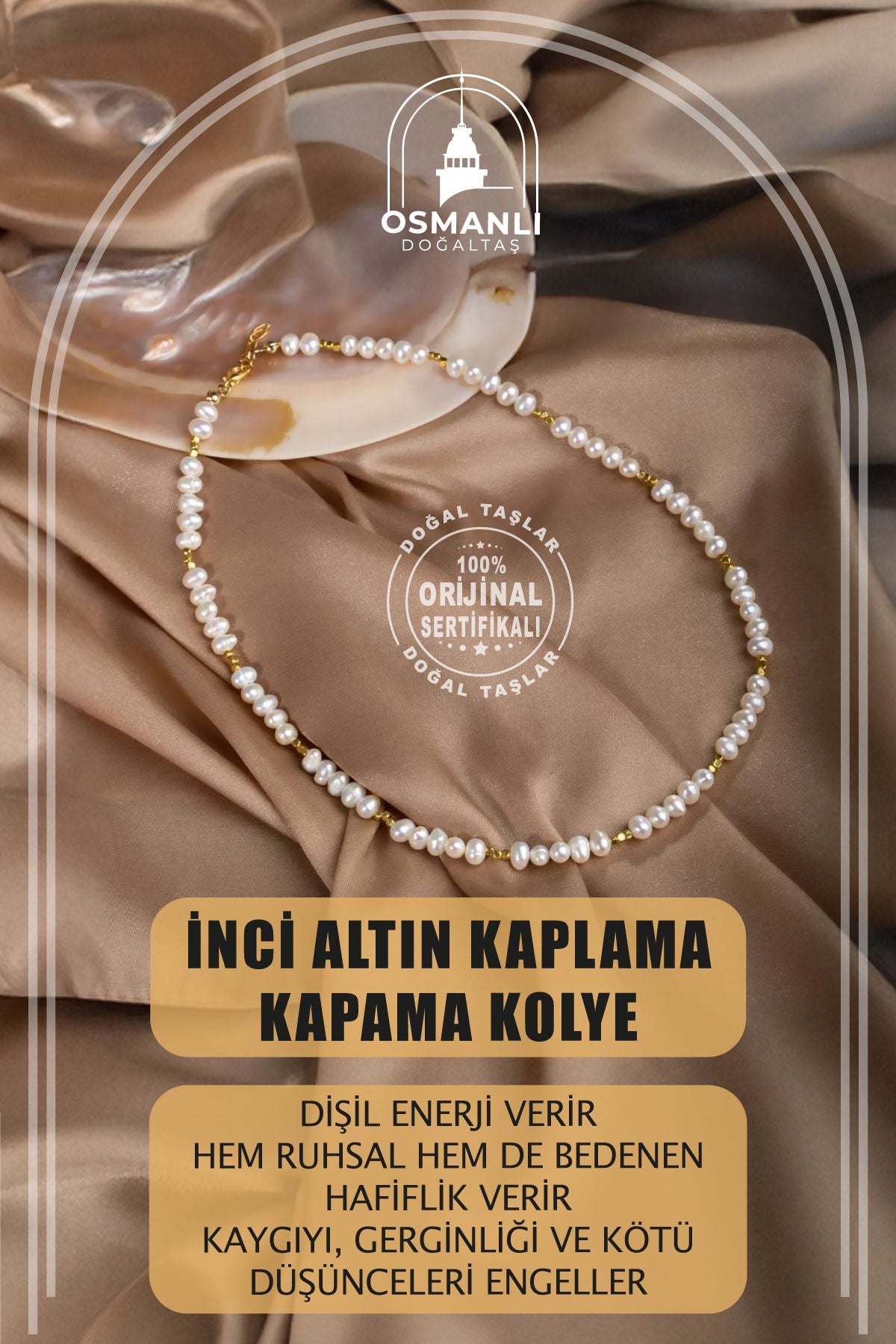 İnci Doğal Taş Altın Kaplama Kapama Kolye