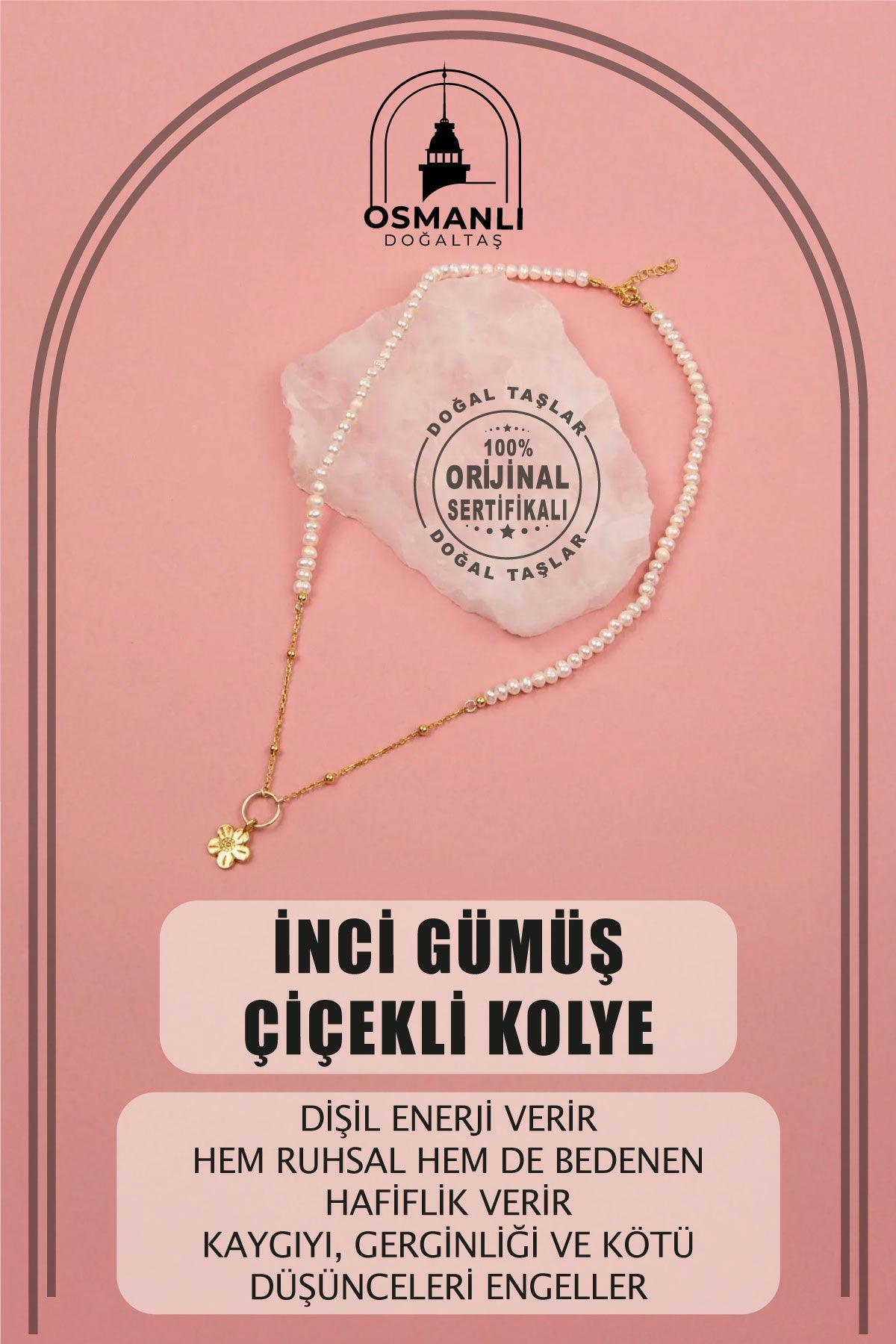 İnci Doğal Taş Gümüş Çiçekli Kolye