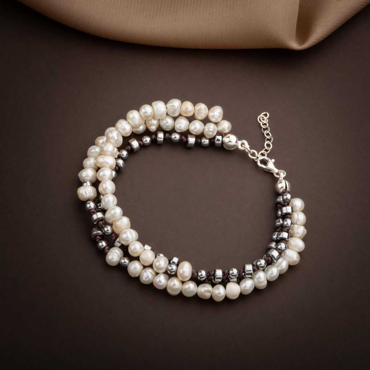 İnci-Hematit Doğal Taş Gümüş Tasarım Bileklik